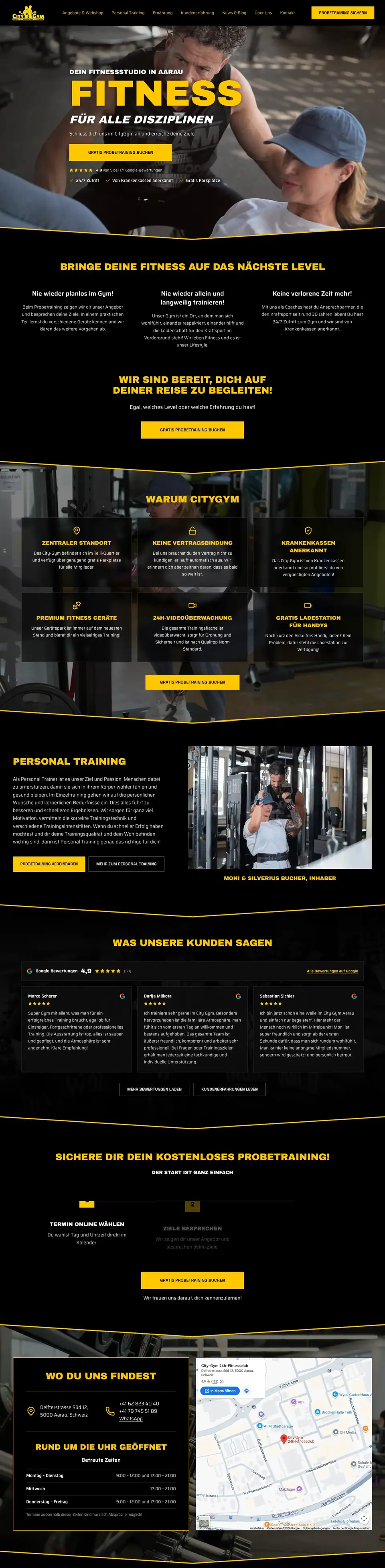Ganze Startseite der neuen Website von CityGym Aarau
