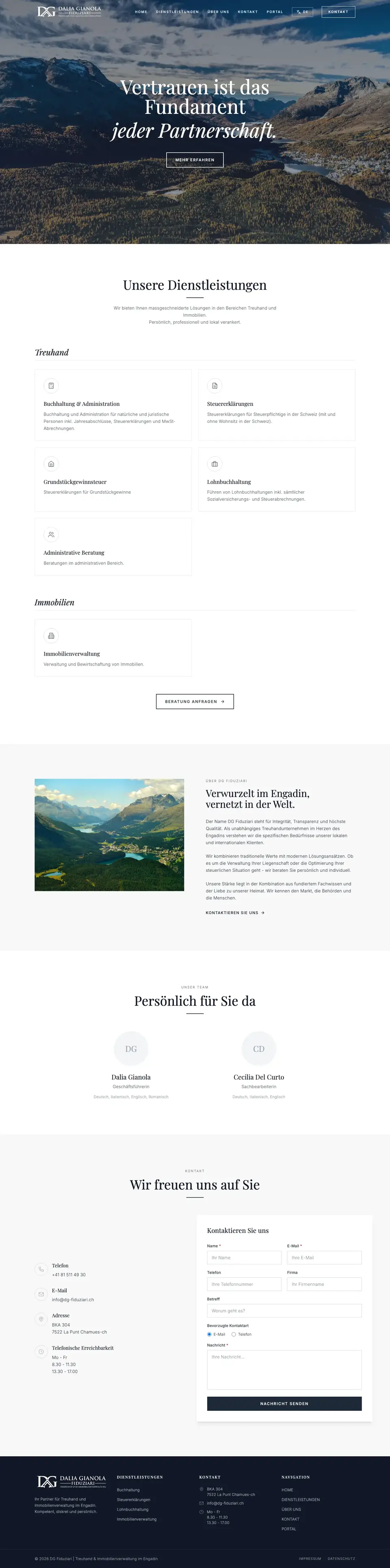 Ganze Startseite der Website von DG Fiduziari La Punt