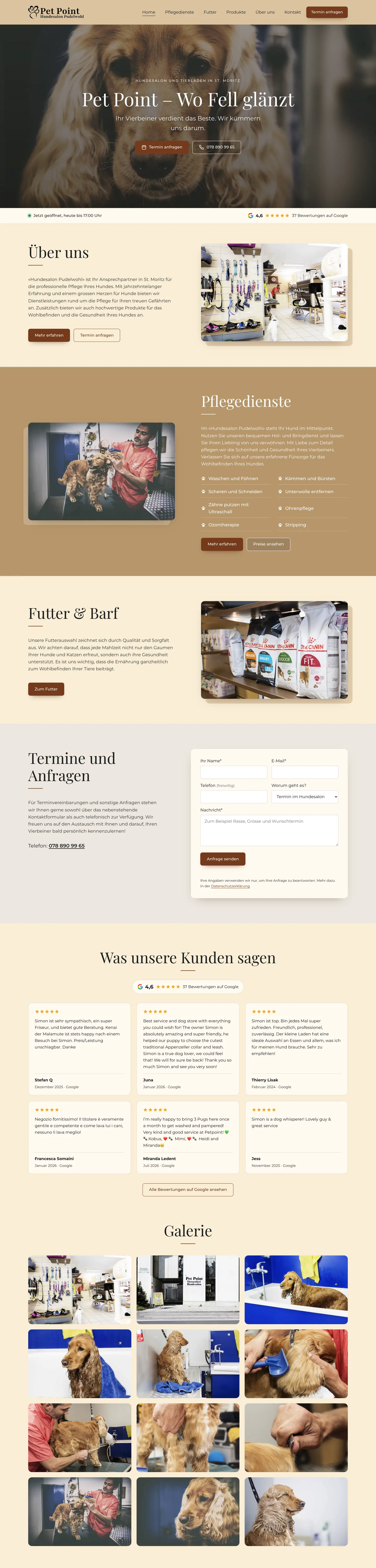 Ganze Startseite der Website von Pet Point La Punt