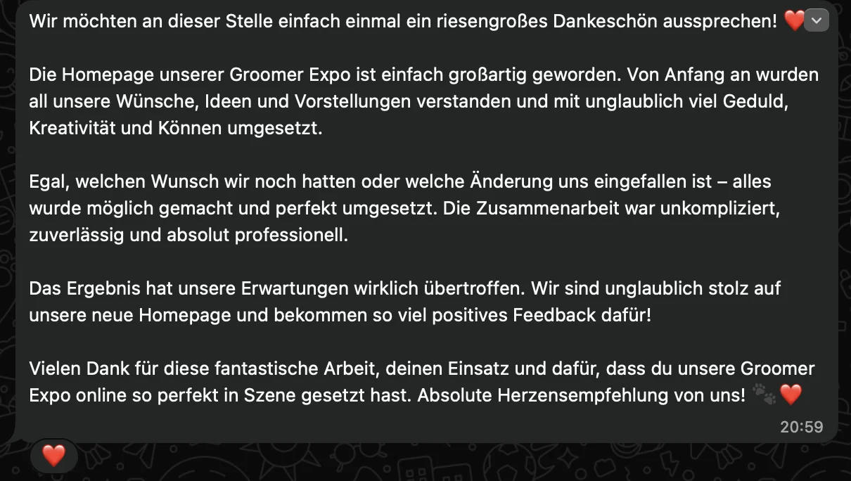Bildschirmfoto der WhatsApp-Nachricht von Sonja, Groomer Expo